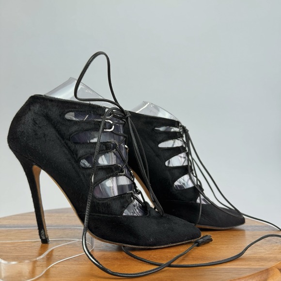 Womens Brian Atwood Adelaide Black Calf Hair Lace Up Stiletto Heels Size EU 37‎